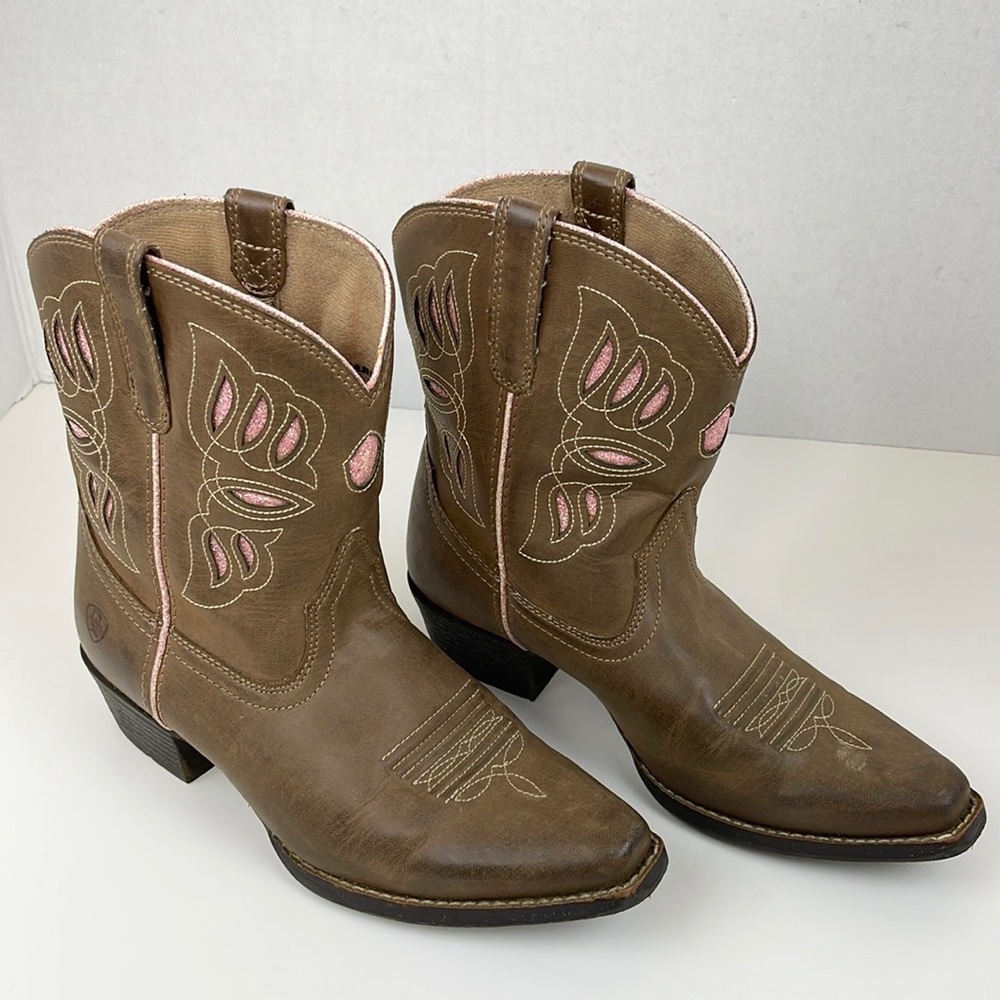 Ariat Cowgirl Boots Glitter Pink Brown Leather Size 2.5